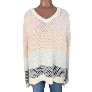 Multicolor Womens Large V-Neck Relaxed Fit Color Block Soft Diamond Knit Sweater